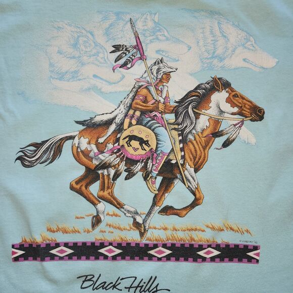 Vintage 90's Black Hills Native American Light Blue Single Stitch T-Shirt Size L - Picture 2 of 9